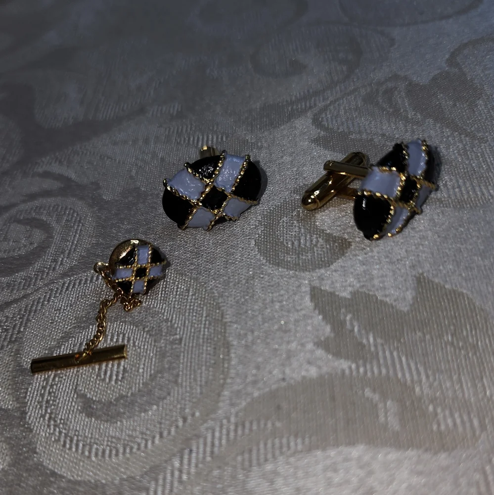 DANTE Rare Vintage Black & White Harlequin Enamel Cufflinks & Tie Tack Set